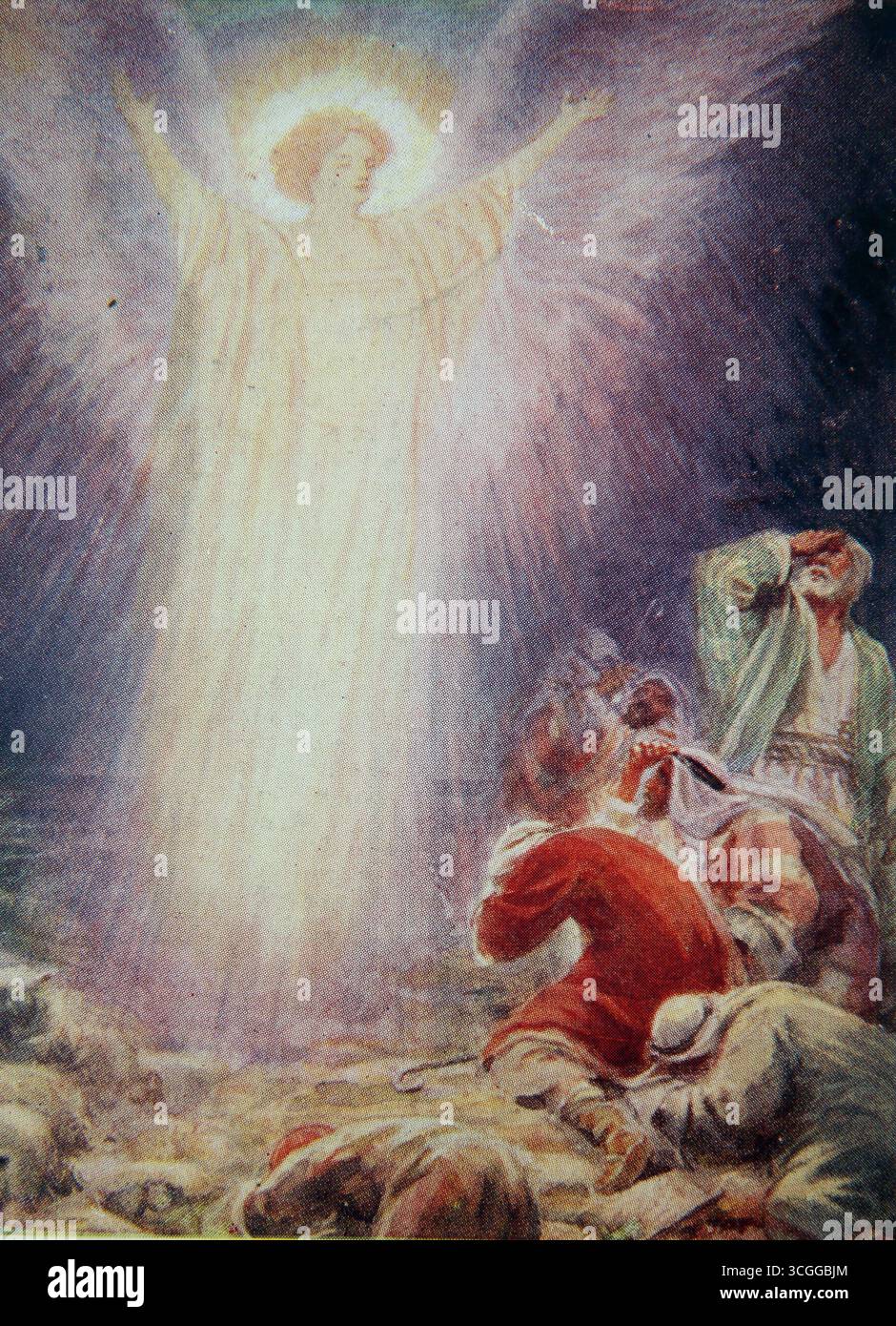 Illustration des bergers de Bethléem (Luc) - les bergers regardaient leur troupeau la nuit quand un Ange du Seigneur est venu sur eux apportant le Banque D'Images