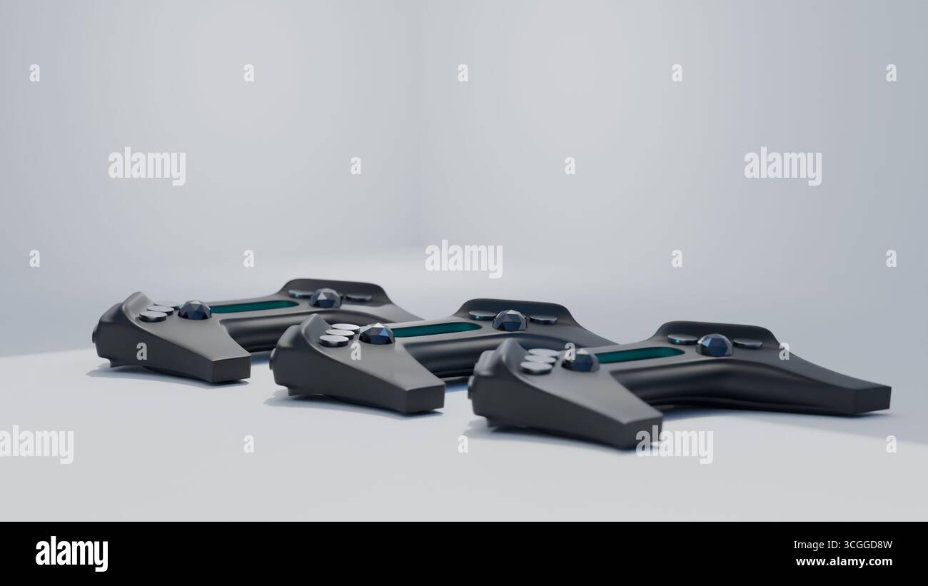 Groupe de contrôleurs de jeu noir futuriste avec des accents bleus lumineux placés ensemble. Banque D'Images