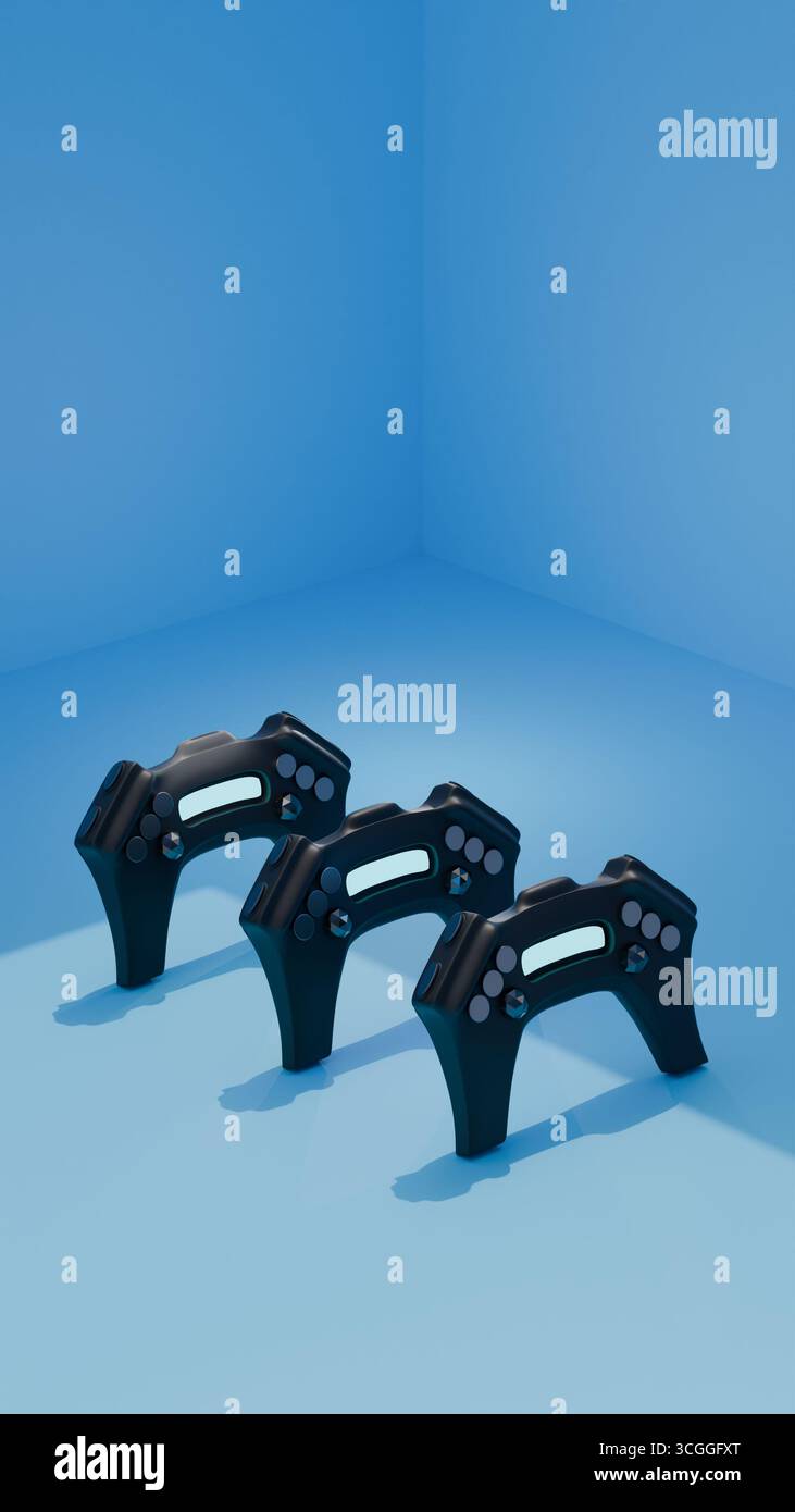 Rangée de contrôleurs de jeu futuristes affichés sur le sol bleu Banque D'Images