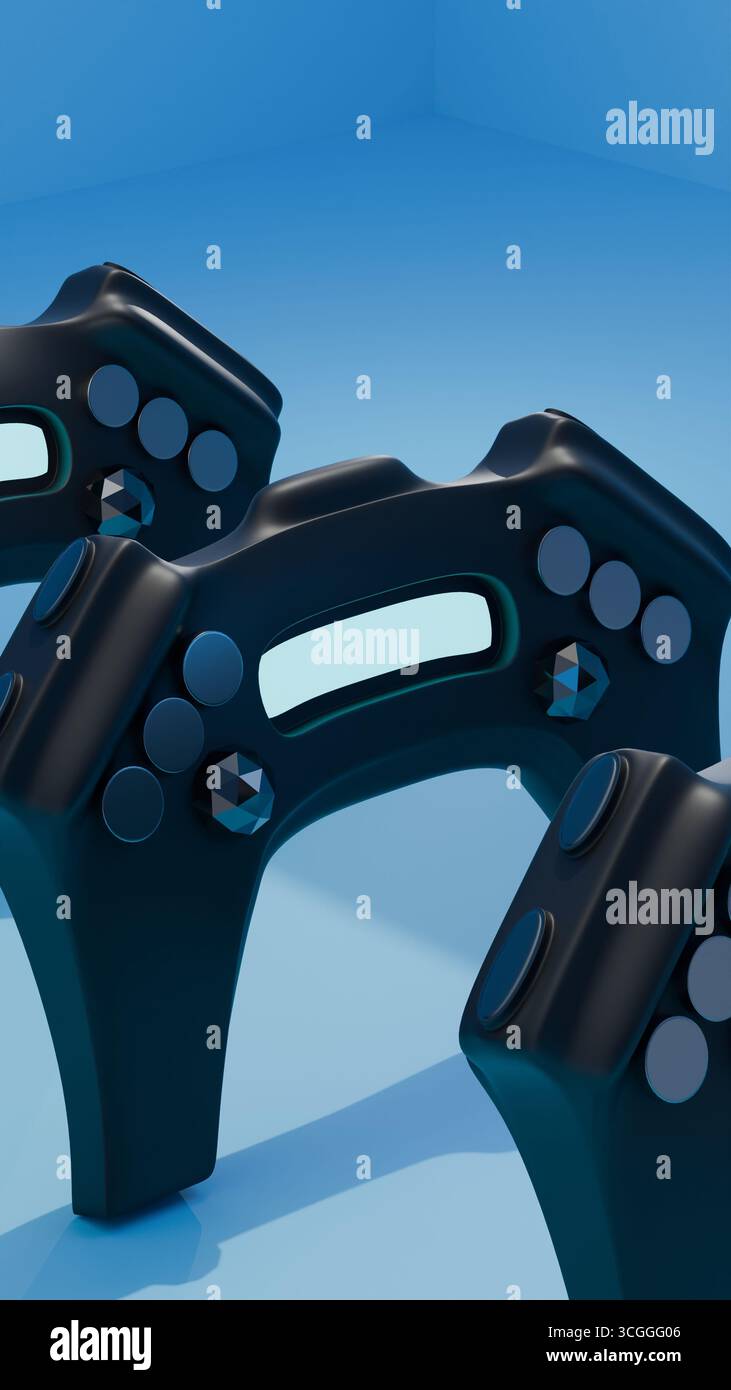 Gros plan de la manette de jeu noire futuriste avec des détails lumineux Banque D'Images