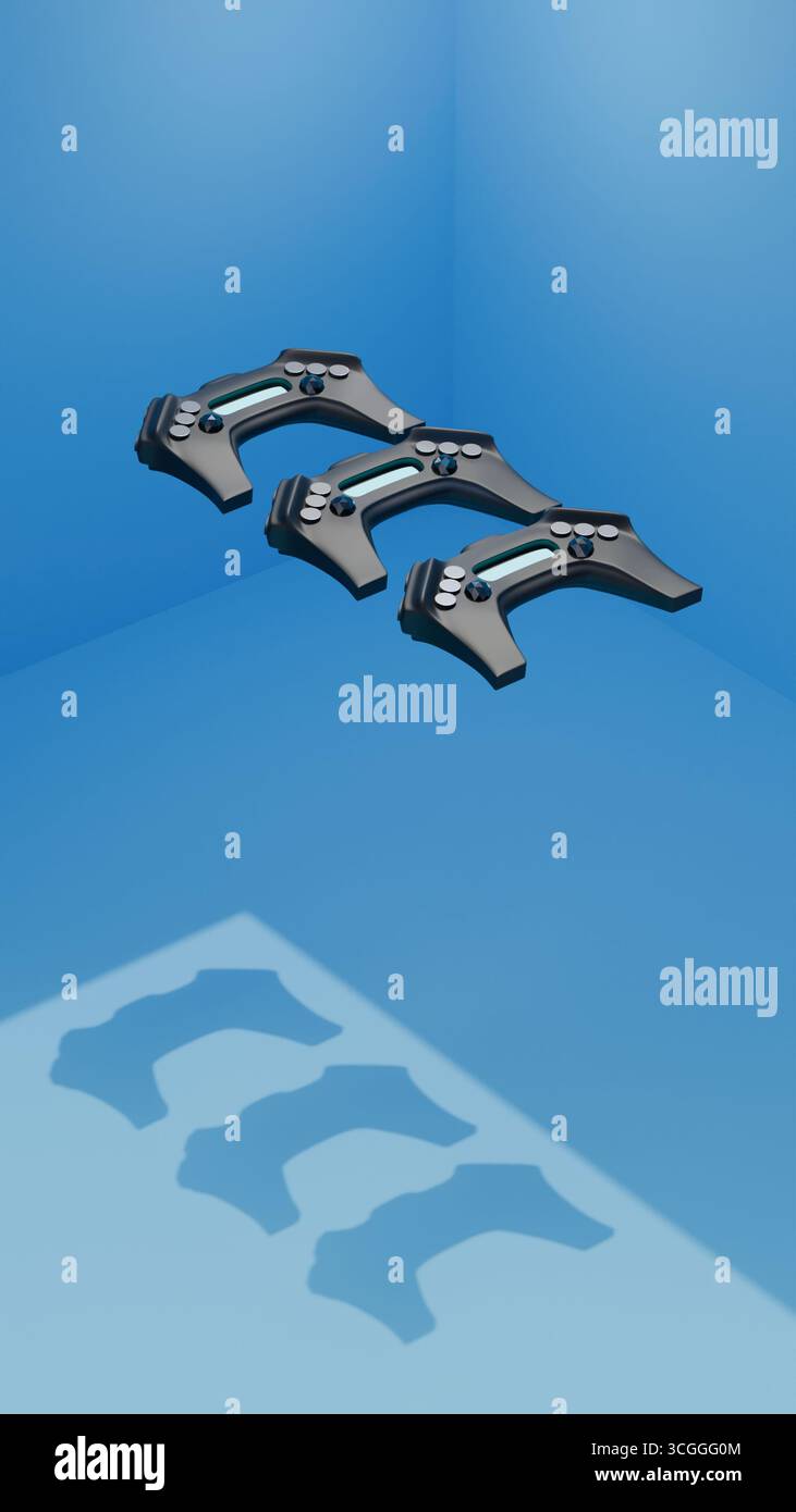 Contrôleurs de jeu futuristes avec des ombres projetées sur le sol bleu Banque D'Images