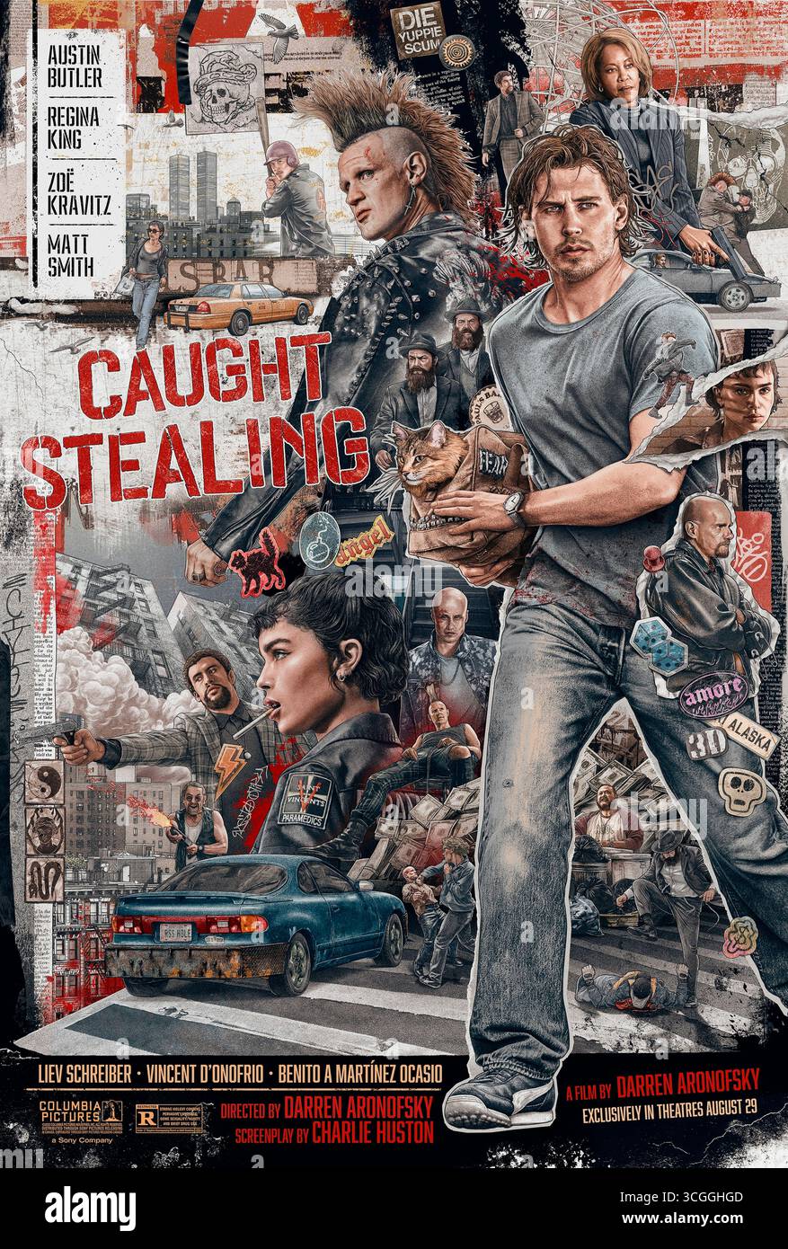 Catched Stealing (2025) réalisé par Darren Aronofsky et mettant en vedette Austin Butler, Jennifer Lawrence et Sam Rockwell. Un ancien joueur de baseball s'emmêle dans le monde souterrain criminel après avoir été entraîné dans un stratagème dangereux. Affiche avancée AMÉRICAINE UNIQUEMENT POUR USAGE ÉDITORIAL. Crédit : BFA / Paramount Pictures Banque D'Images
