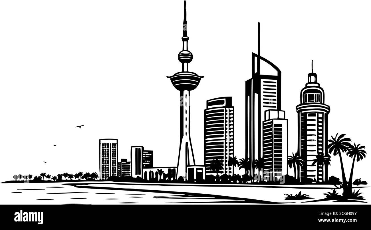 L'art de la silhouette de la ville avec l'architecture moderne, une tour proéminente et un front de mer pittoresque avec des palmiers Illustration de Vecteur