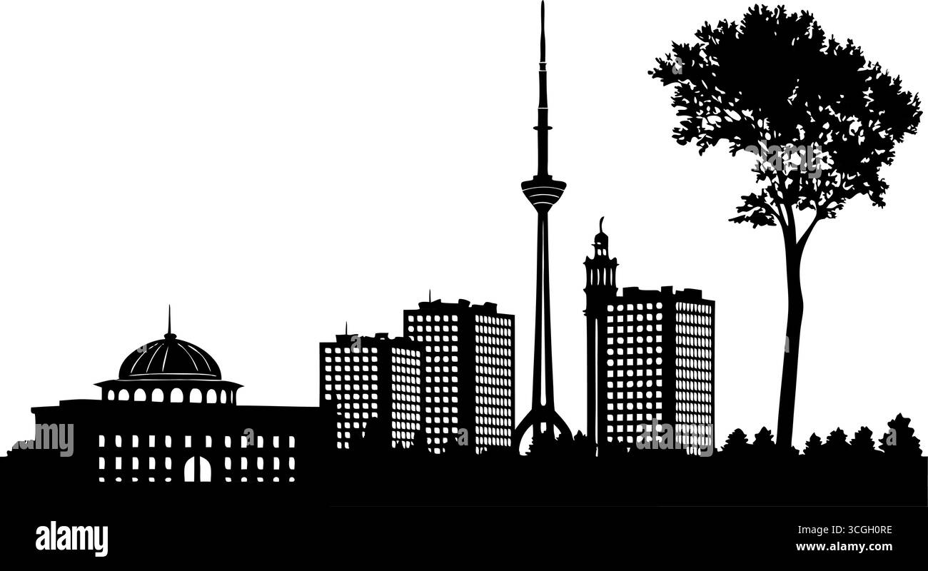 Art de la silhouette de la ville de Tachkent mettant en valeur ses bâtiments et structures emblématiques Illustration de Vecteur
