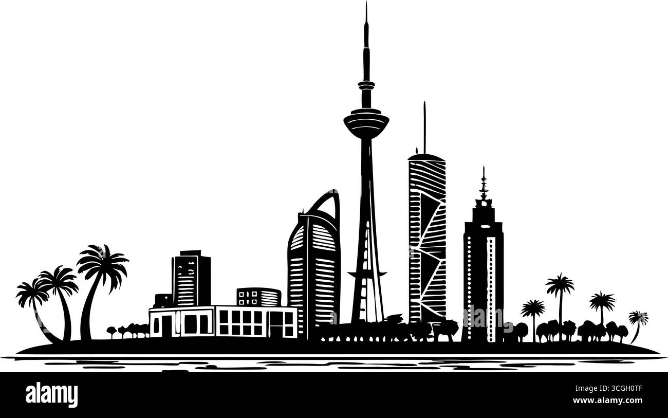 L'art de la silhouette de la ville avec l'architecture moderne et le paysage urbain avec des palmiers et une tour proéminente Illustration de Vecteur