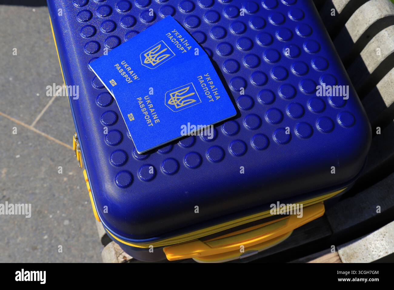 2 passeports Ukraine citoyens avec inscription en ukrainien - passeport de l'Ukraine reposent sur la valise jaune bleu en couleur du drapeau ukrainien. Voyage, refuge Banque D'Images