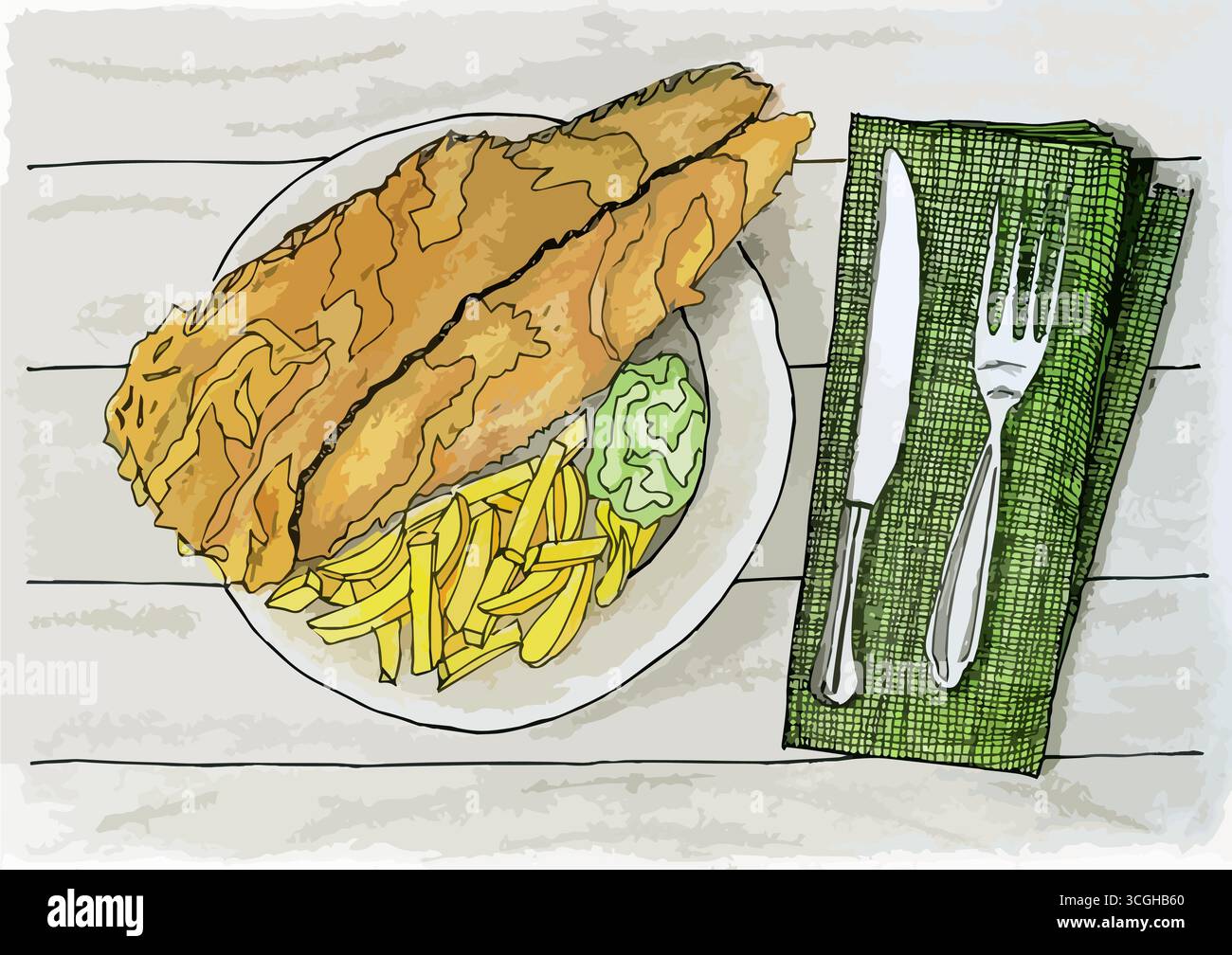 Ce croquis vectoriel coloré présente une assiette de poisson croustillant pané, de frites dorées et de pois pâteux verts, servis avec un couteau en argent, une fourchette et f Illustration de Vecteur