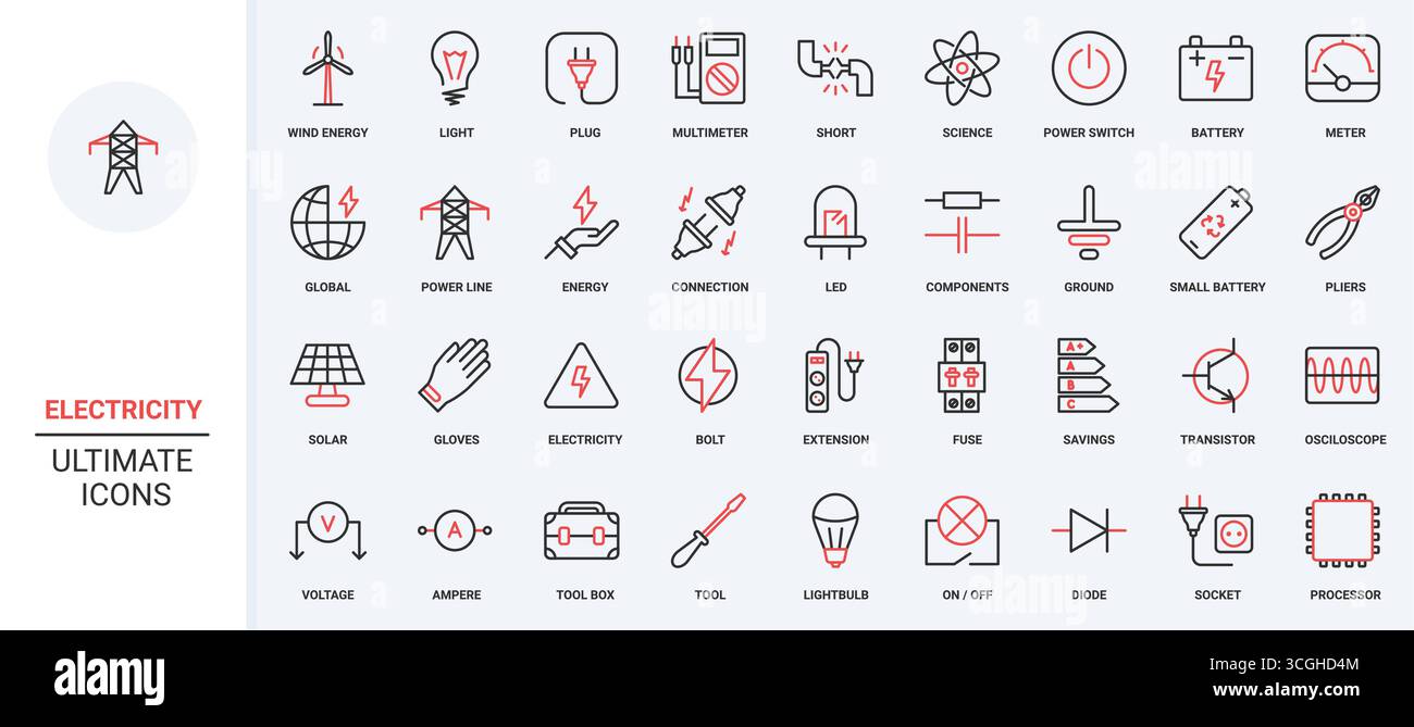 Générateurs d'électricité et renouvelables, équipement et outils d'électriciens, ensemble d'icônes de ligne électrique. Classes d'efficacité énergétique électrique et compteur, illustration vectorielle de symboles de contour noir et rouge mince Illustration de Vecteur