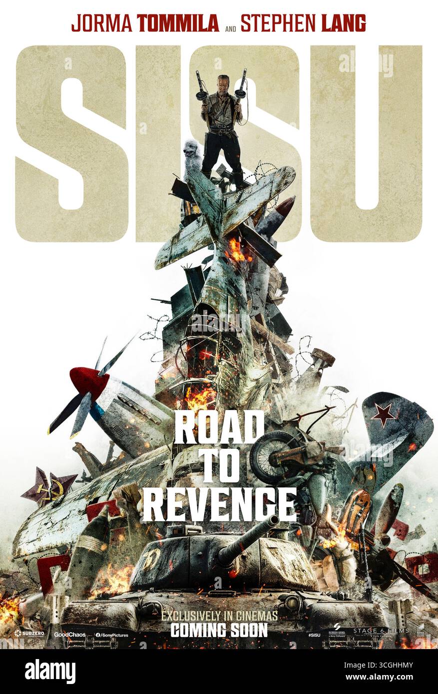 Sisu : Road to Revenge (2025) réalisé par Jalmari Helander et mettant en vedette Stephen Lang, Richard Brake et Jorma Tommila. Un homme revient démanteler la maison de sa famille, où ils ont été assassinés à la guerre, pour la reconstruire ailleurs. Lorsque le tueur, un commandant de l'Armée rouge, le traque, une poursuite brutale à travers le pays commence. Affiche avancée AMÉRICAINE UNIQUEMENT POUR USAGE ÉDITORIAL. Crédit : BFA / Screen Gems Banque D'Images