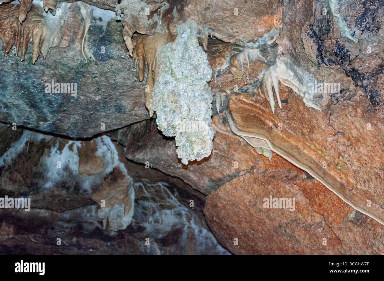 Un mur de roche avec une substance blanche dessus. La substance blanche est un type de roche appelé stalactite. La stalactite est suspendue au plafond du Banque D'Images