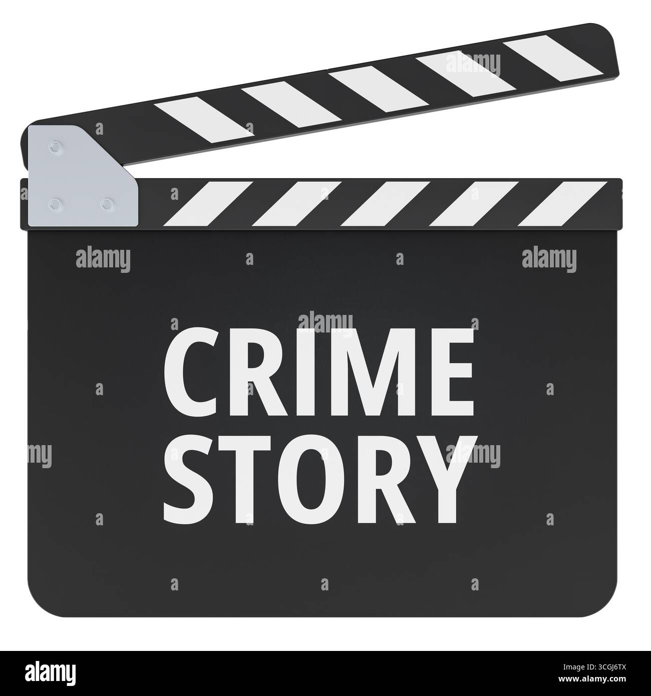 Concept d'histoire de crime avec claquette de film. Rendu 3D isolé sur fond blanc Banque D'Images