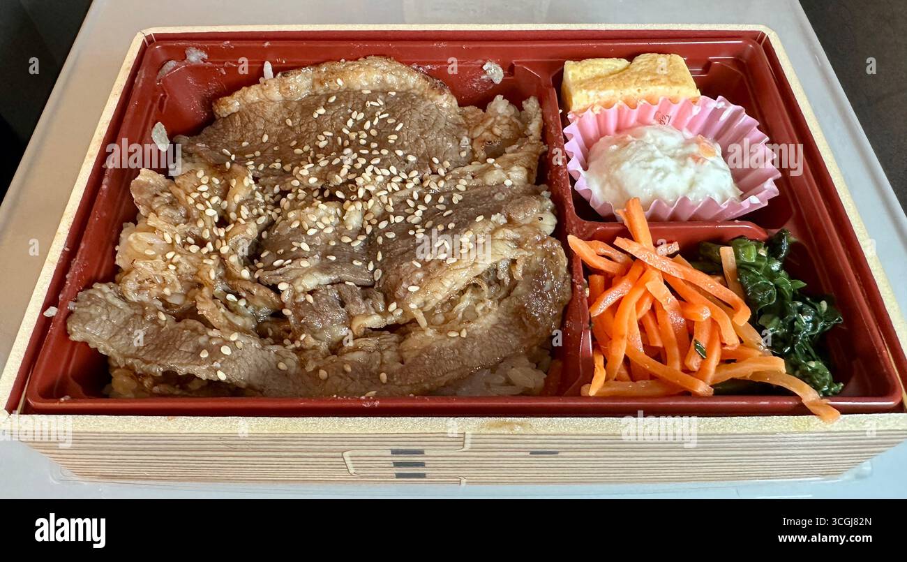 Boîte à bento de bœuf japonais avec riz et légumes, repas traditionnel ekiben Banque D'Images