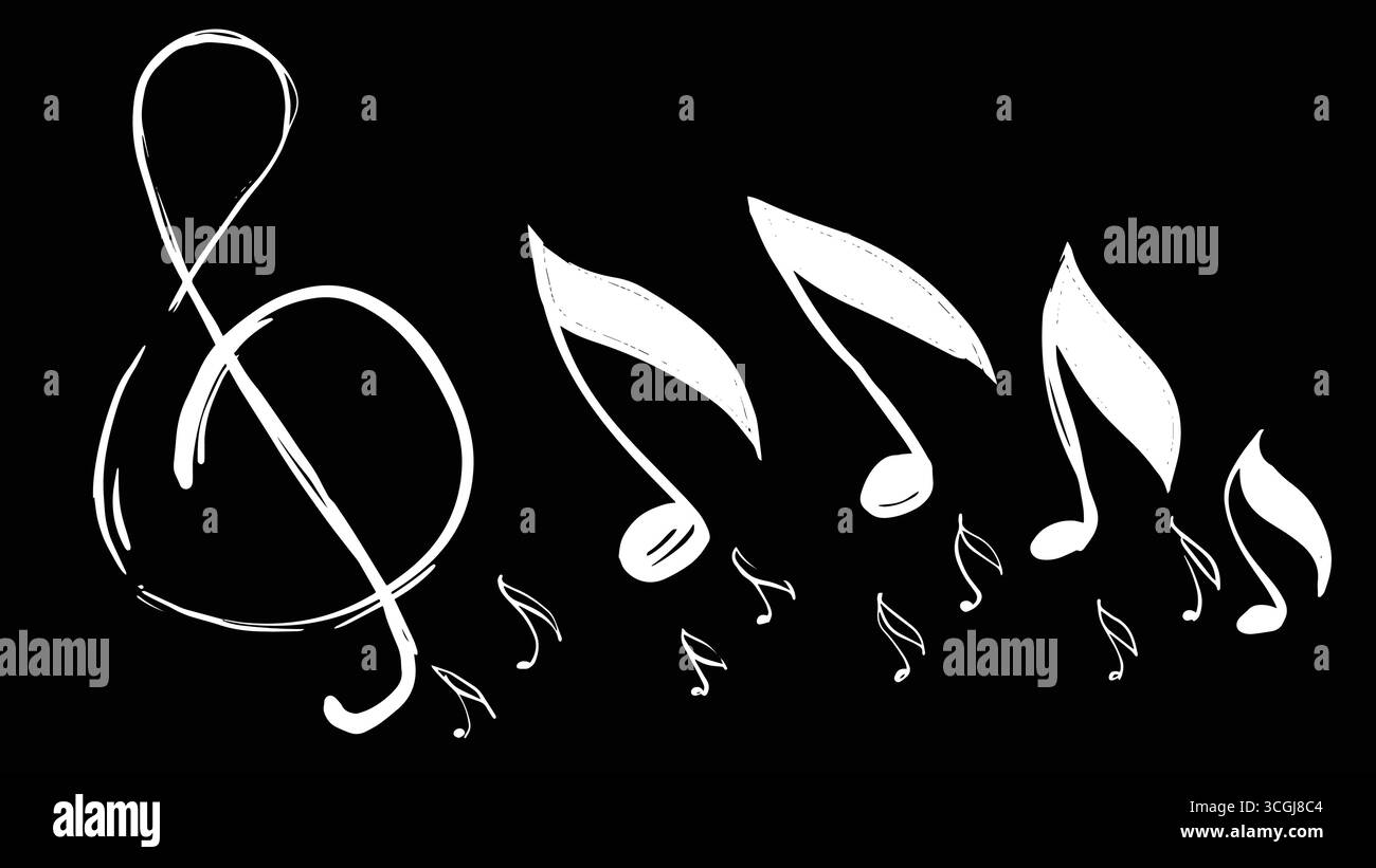 Fond noir minimaliste avec notes de musique blanches et clef aigu. Illustration vectorielle élégante simple avec une atmosphère de musique classique. Illustration de Vecteur