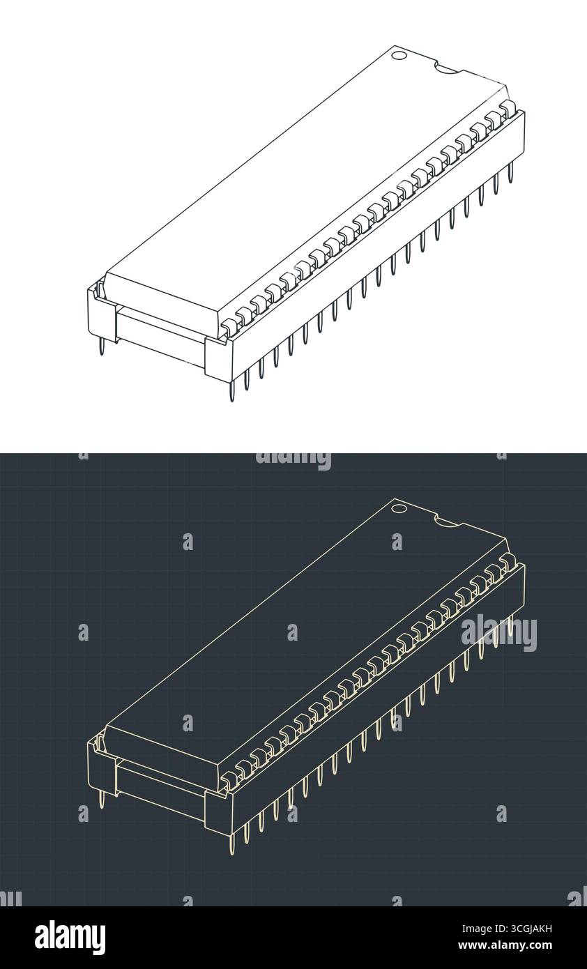 Illustrations vectorielles stylisées de dessins isométriques de prise DIP avec puce Illustration de Vecteur