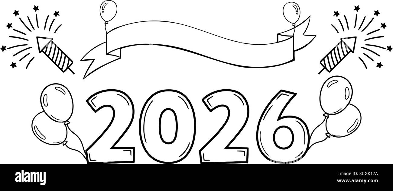 Art de doodle dessiné à la main célébrant la nouvelle année 2026 avec des feux d'artifice et bannière de ruban Illustration de Vecteur