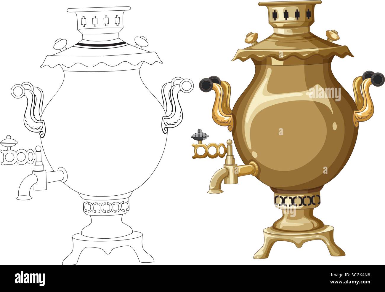 Illustration vectorielle de samovar russe orné en or, montré dans des styles colorés et contours. Illustration de Vecteur