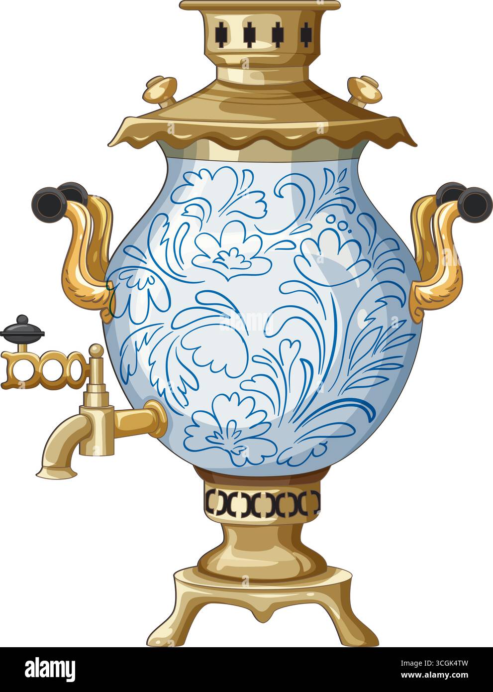 Samovar russe classique avec des motifs floraux bleus ornés et des accents dorés dans un style vectoriel plat. Illustration de Vecteur