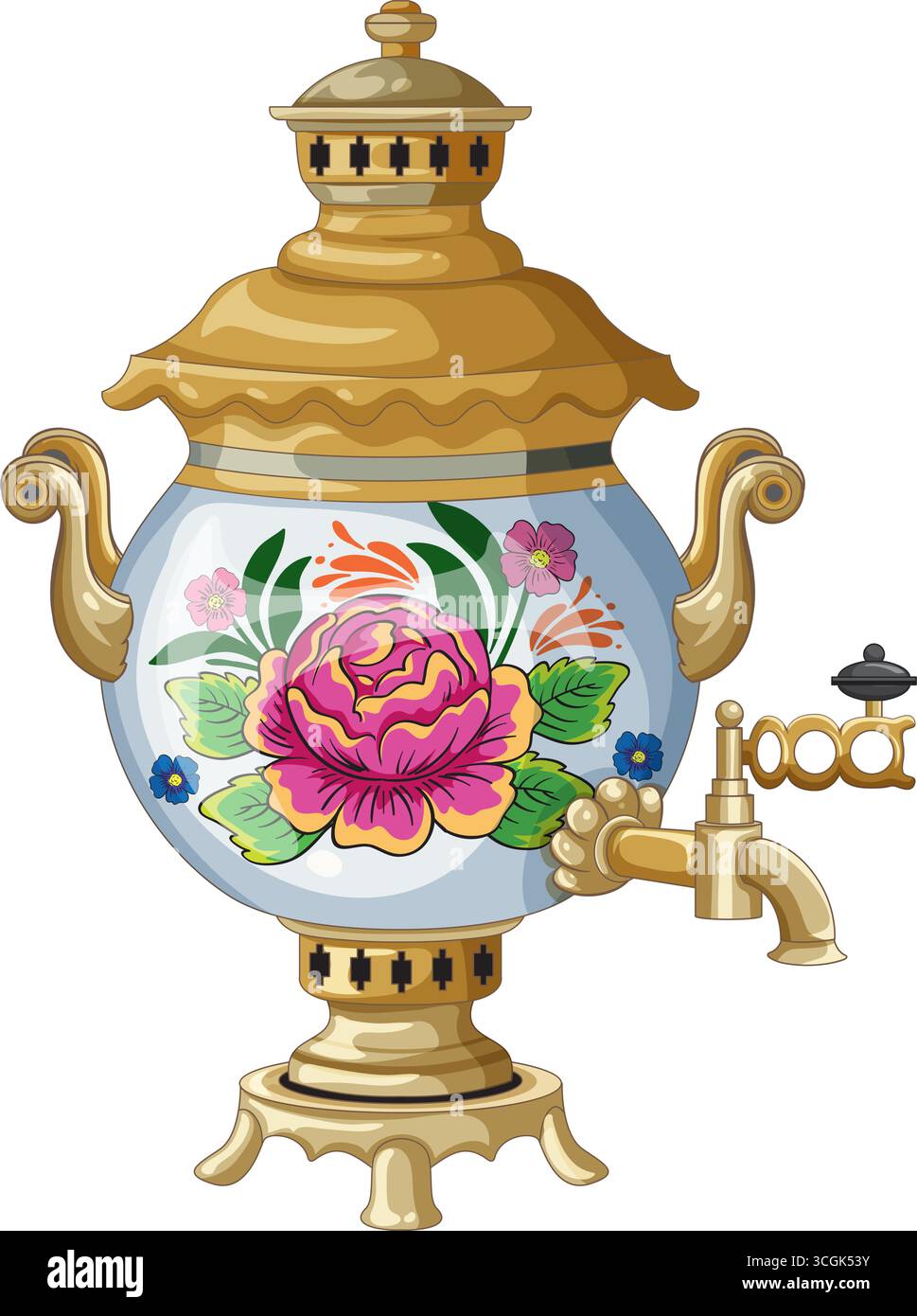 Vecteur coloré de samovar russe orné avec des accents d'or, des motifs floraux et des poignées courbes. Illustration de Vecteur