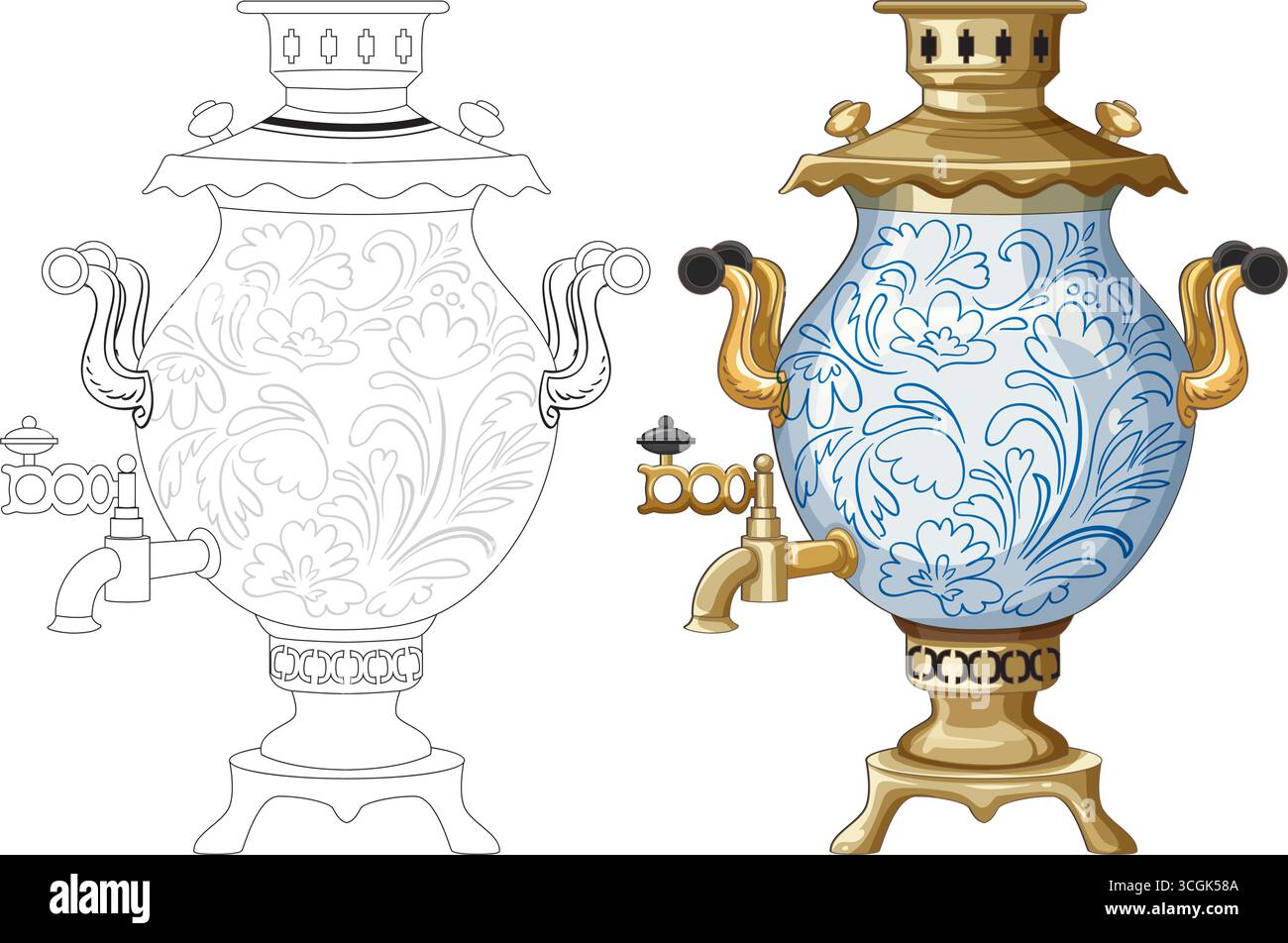 Vecteur de samovar russe élégant avec des motifs floraux bleus ornés et des accents dorés, contour et couleur. Illustration de Vecteur
