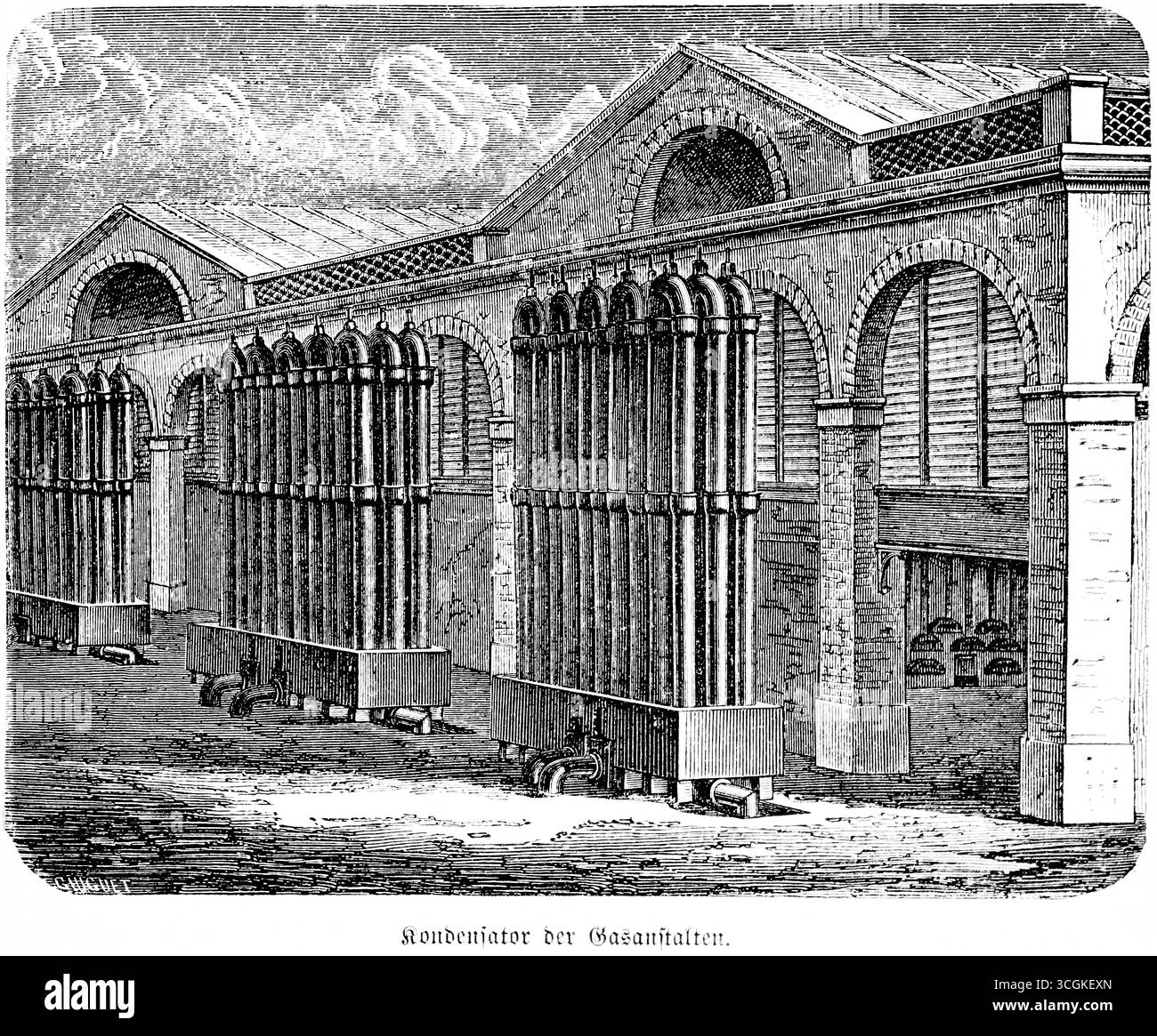 Condenseur de l'usine à gaz, gaz pour l'éclairage, lampadaires, lampes, services publics, gasworks, lumière, production, luminosité, bâtiments, inventions dans Banque D'Images