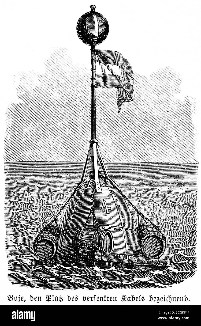 Bouée marque le cours du câble d'outre-mer coulé, filigrane, identification, inventions au 19ème siècle, télégraphie, technologie, illu historique Banque D'Images