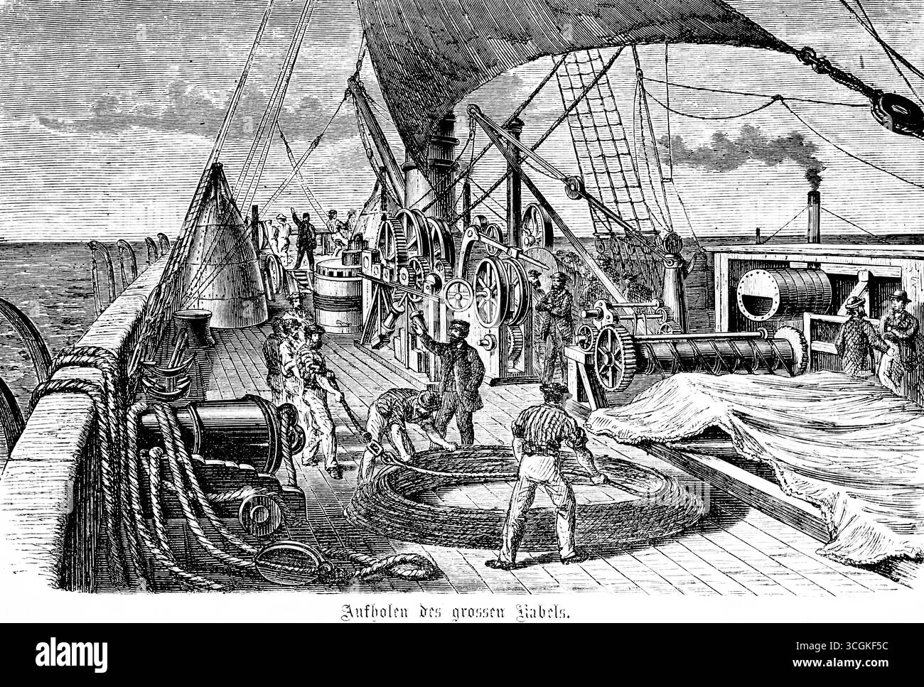 Récupération du gros câble de la première tentative infructueuse d'un câble outre-mer entre l'Irlande et Terre-Neuve, l'océan Atlantique, les fonds marins, la défaillance, à bord Banque D'Images
