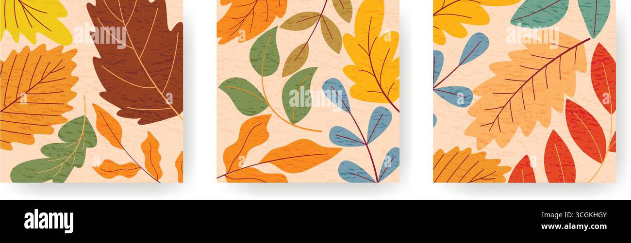 Modèles carrés d'automne définis pour les médias sociaux. Mises en page carrées avec des feuilles colorées et un effet de texture. Arrière-plans d'automne, design atmosphérique confortable Illustration de Vecteur