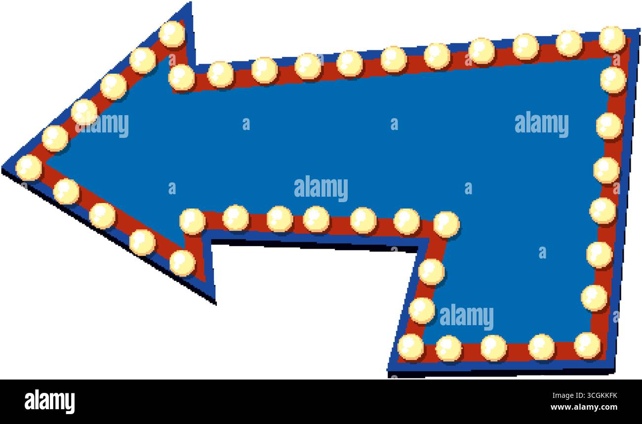 Vecteur de flèche bleu rétro avec des ampoules vintage, des couleurs audacieuses et un style de signalisation de marquise classique. Illustration de Vecteur