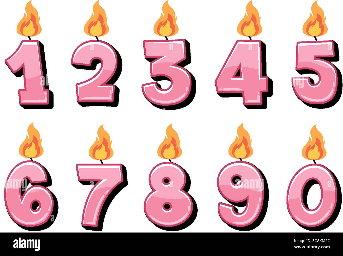 Bougies de numéro de dessin animé rose avec des flammes, des contours audacieux, un ombrage ludique, parfait pour les célébrations d'anniversaire. Illustration de Vecteur