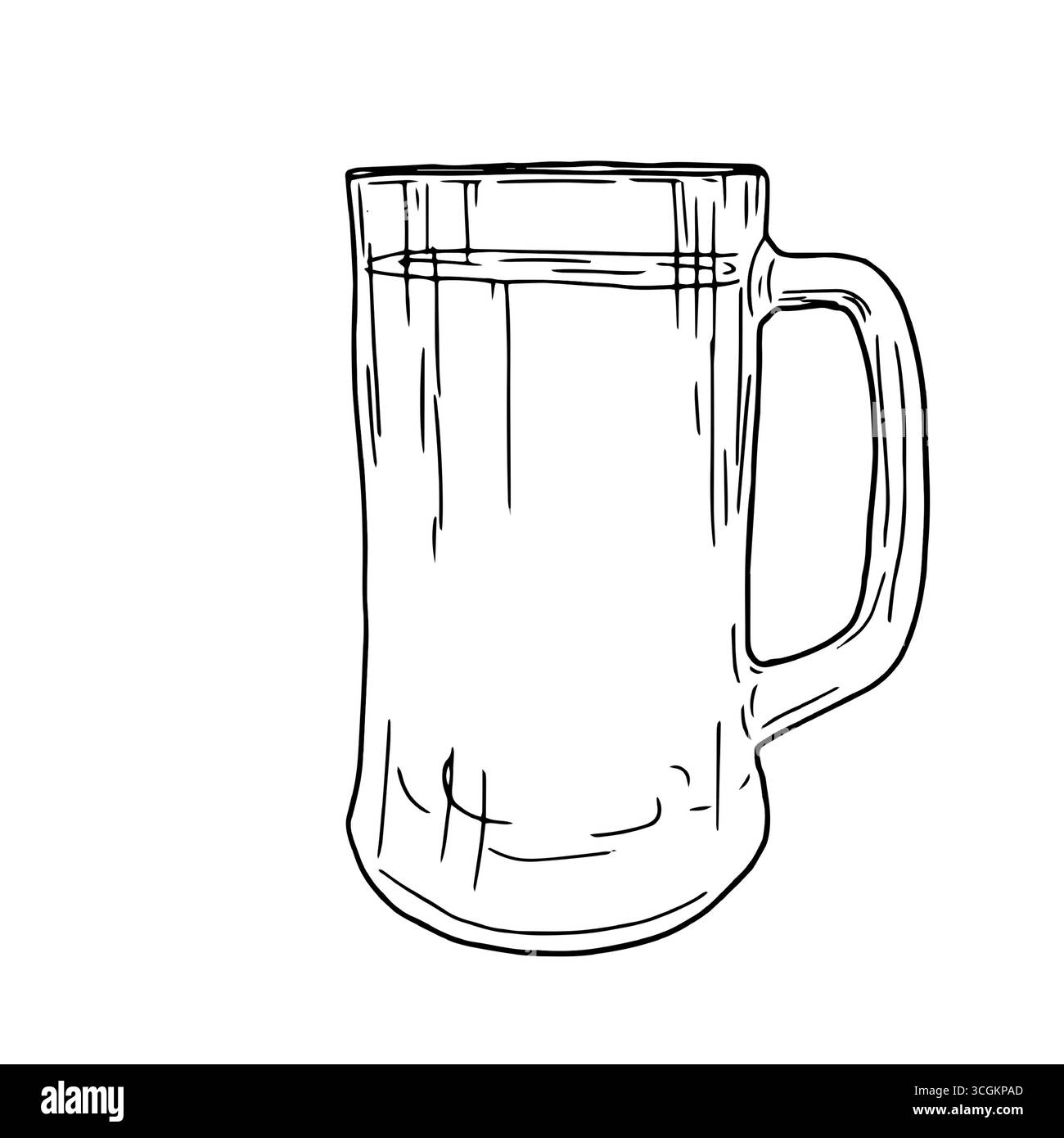 Verre de bière, croquis noir et blanc. Illustration vectorielle. Boisson alcoolisée houblonnée classique, isolée sur fond blanc. Verre de bière mousseuse, pour holi Illustration de Vecteur