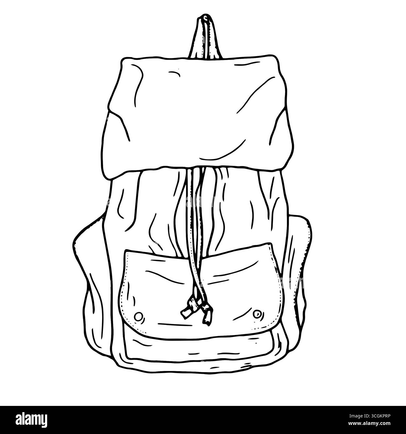 Sac à dos pour l'école et le camping, croquis à l'encre noire et blanche. Illustration vectorielle. Le sac est un sac, isolé sur un fond blanc. Pour les étudiants, scho Illustration de Vecteur