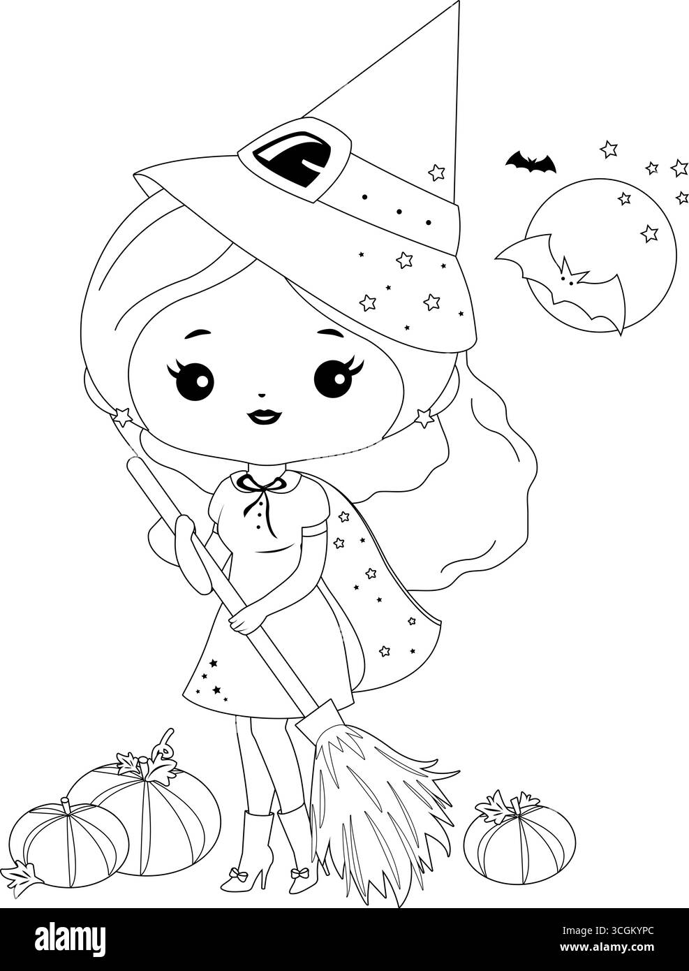 Belle sorcière d'Halloween avec balai magique balayant des feuilles de citrouille. Fête d'Halloween pour un tour ou un cadeau. Page de coloriage noir et blanc vectoriel. Illustration de Vecteur