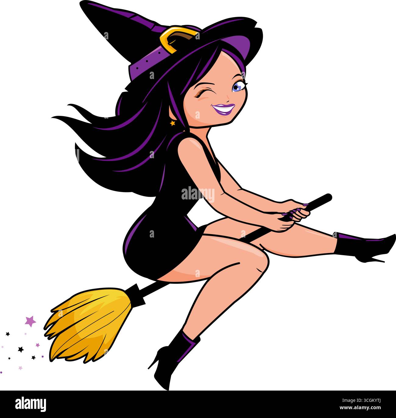 Joyeuse femme sorcière d'Halloween de dessin animé volant avec balai magique. Trick ou traiter jolie sorcière avec un costume effrayant mignon. Illustration vectorielle Illustration de Vecteur