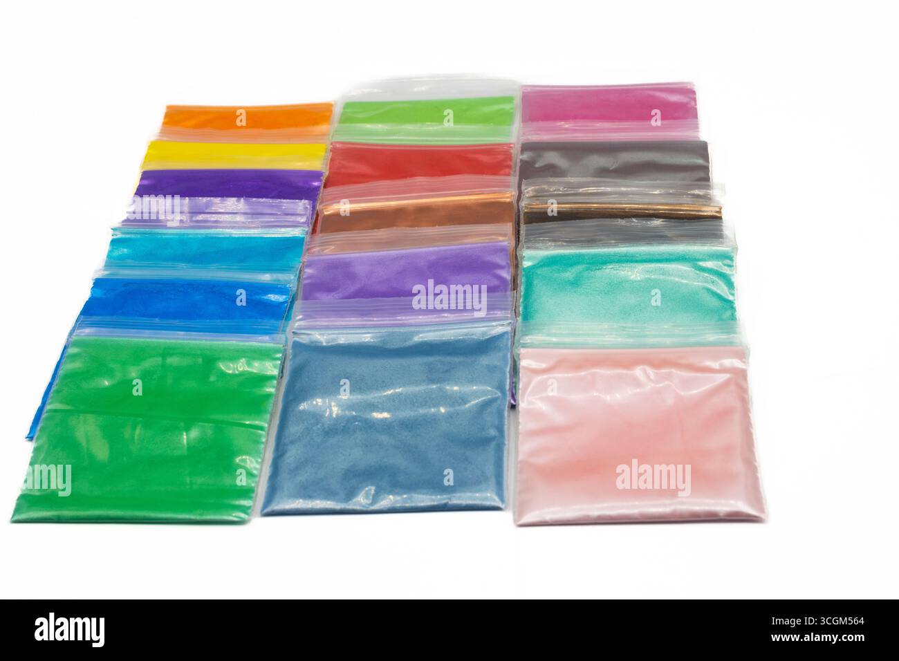 Sachets COLORES de poudre de mica pour cosmétiques. Échantillons de poudre de mica Banque D'Images