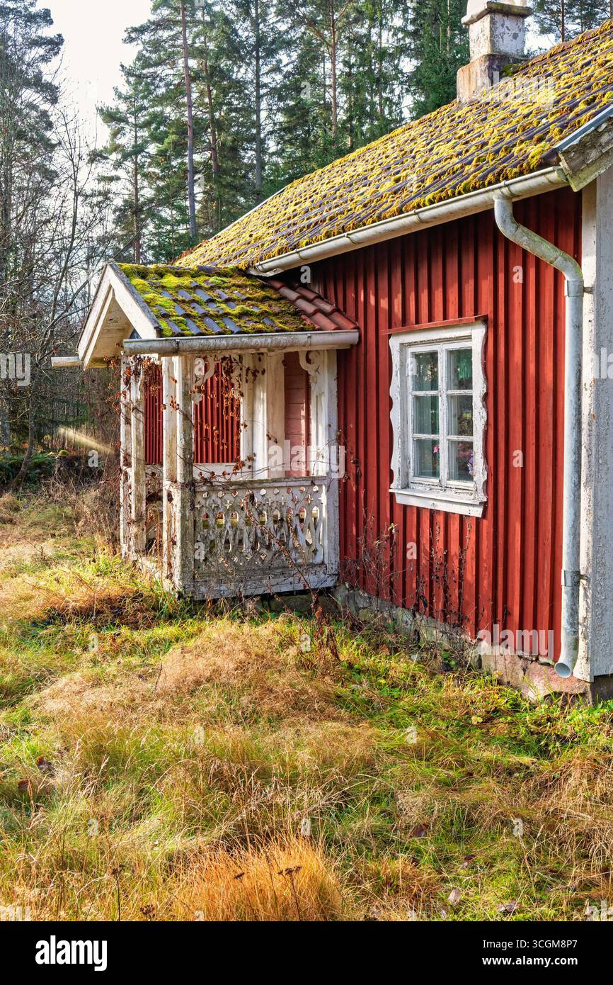 Chalet rouge avec une véranda et un jardin envahi dans une forêt Banque D'Images