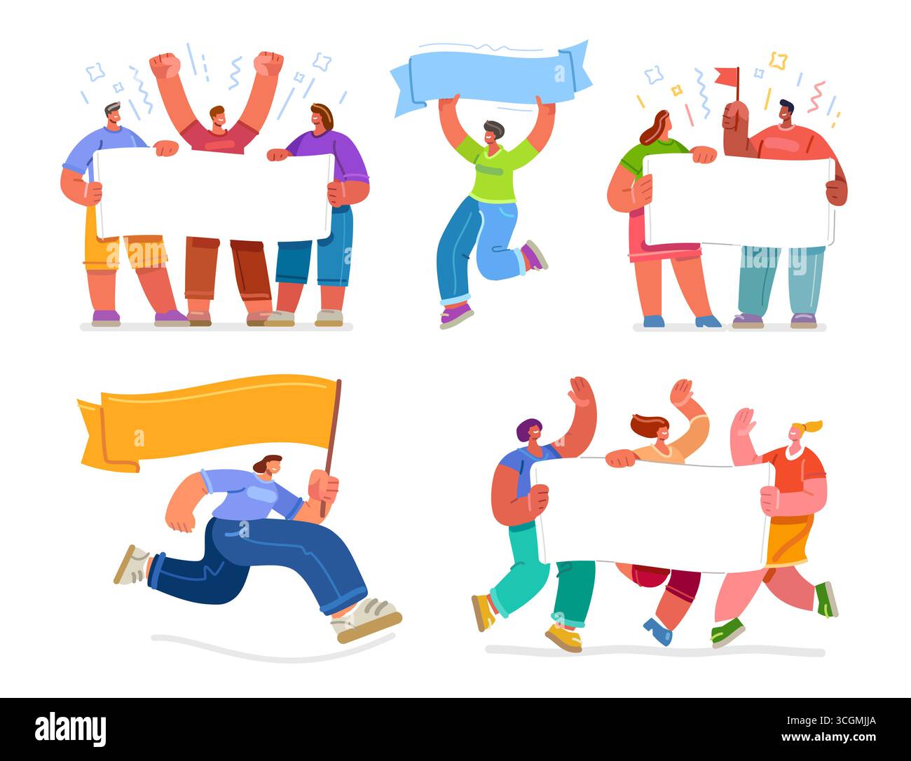 Groupe de personnes avec un écriteau vide montrant, présentant, démontrant de la publicité. Bannière vierge, panneau d'affichage Illustration de Vecteur