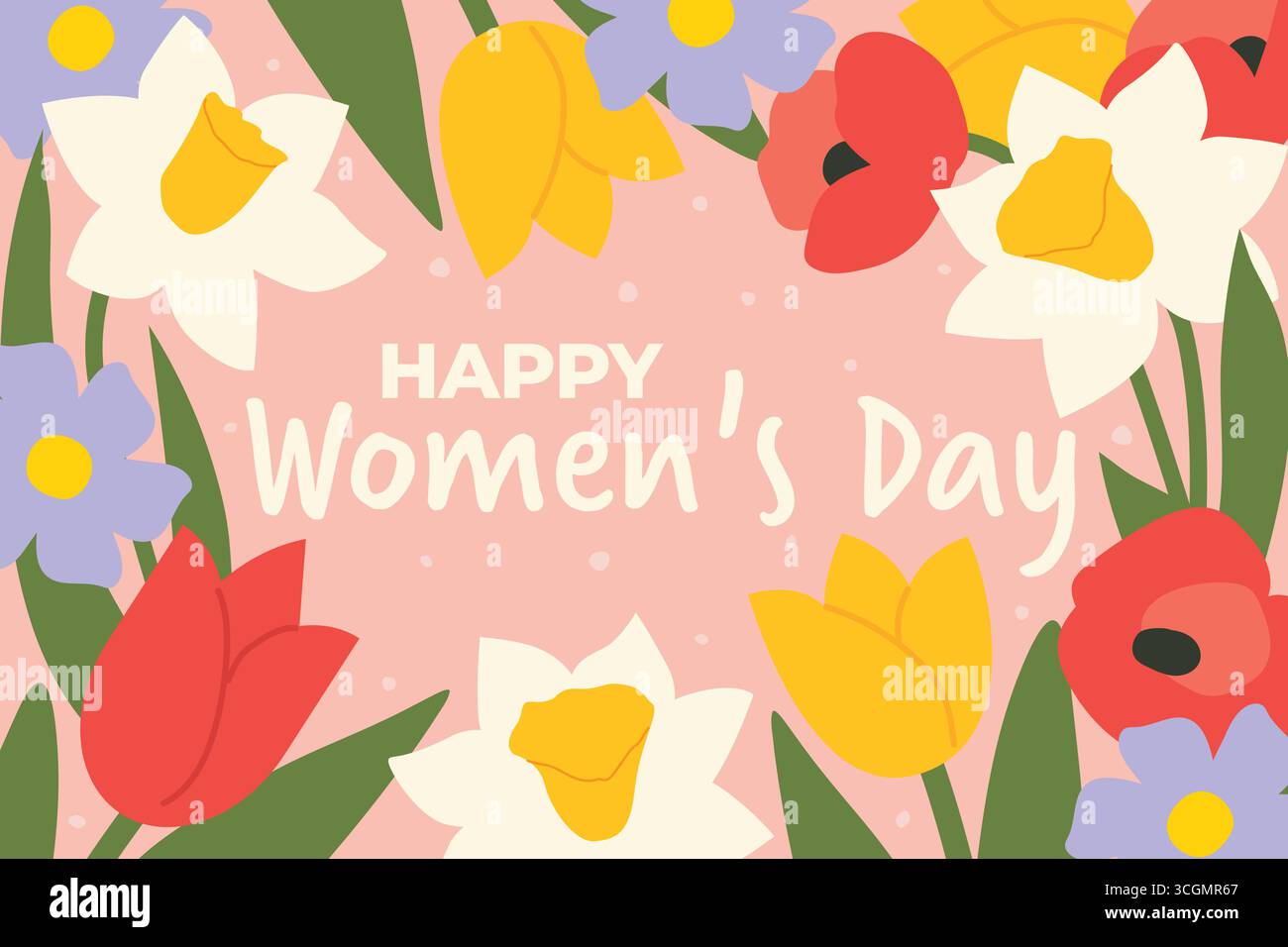 Texte et fleurs printanières pour la Journée des femmes joyeuses ; parfaits pour les cartes de vœux, les affiches, les messages sur les médias sociaux, les invitations et les bannières -illustration vectorielle Illustration de Vecteur