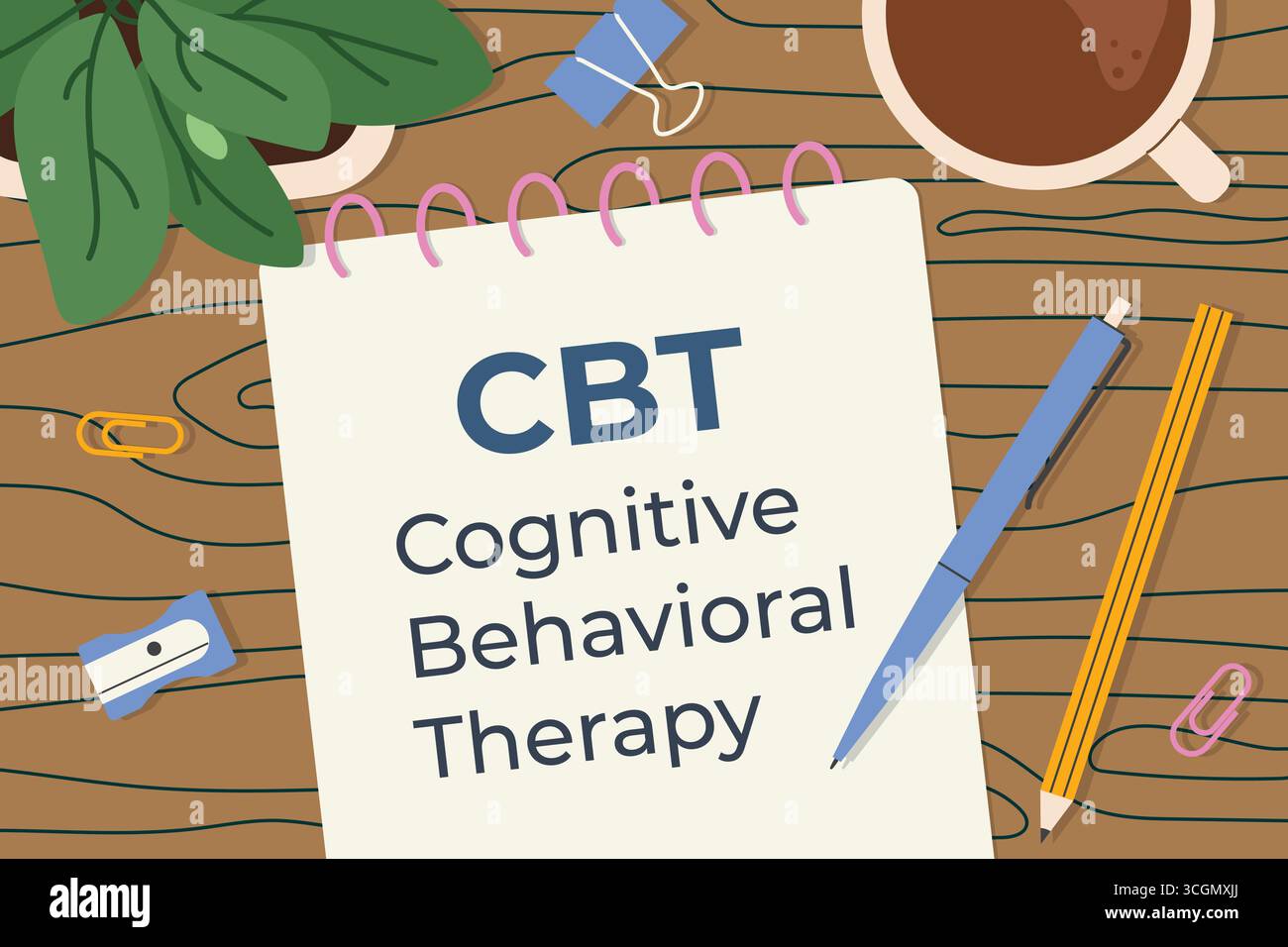 Thérapie comportementale cognitive CBT écrite sur un presse-papiers ; parfait pour une utilisation dans le matériel éducatif de santé mentale et guides de session de thérapie - vecteur illu Illustration de Vecteur