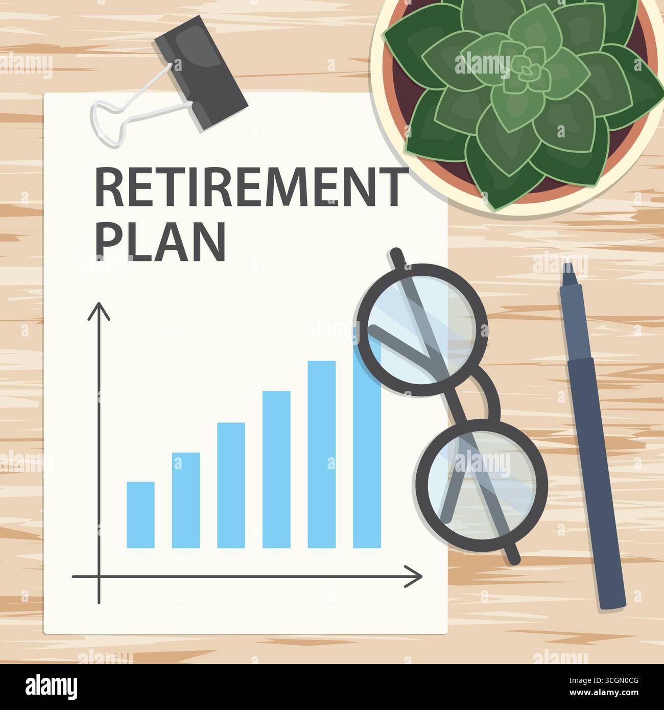 document avec plan de retraite, composition de bureau plat, idéal pour les articles, le matériel promotionnel, et les flyers pour les conseillers financiers - illustr vecteur Illustration de Vecteur