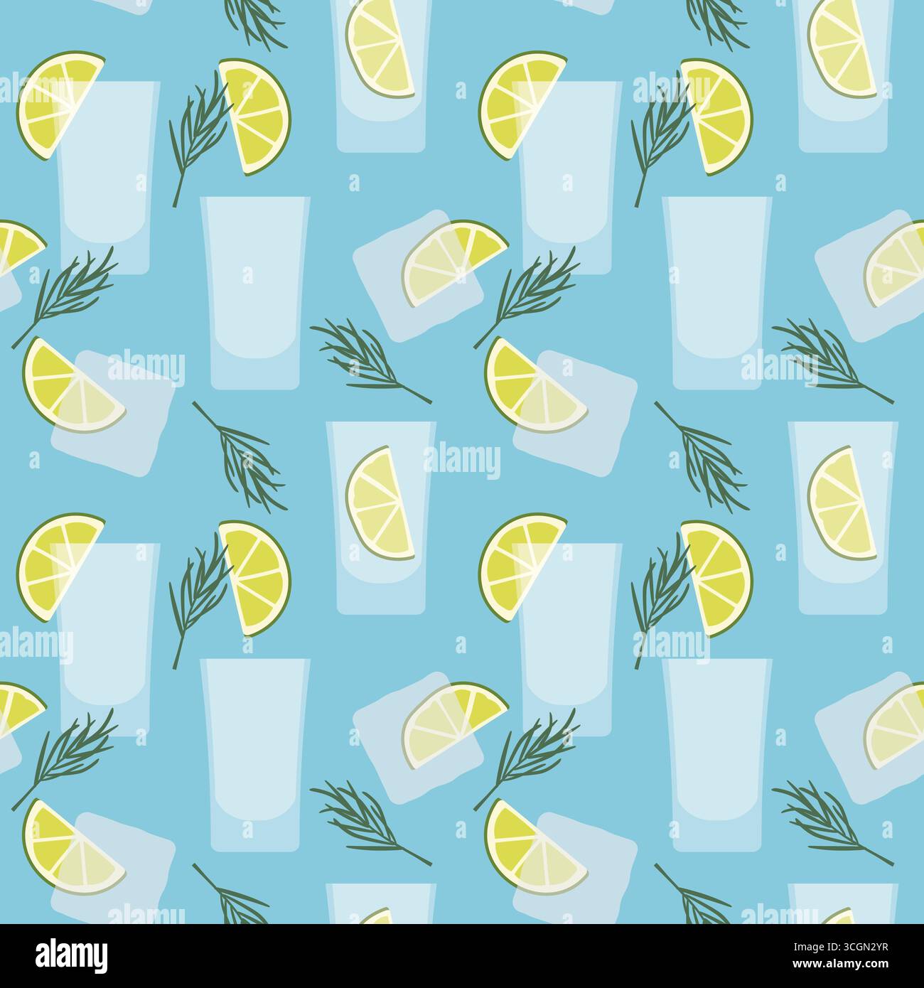 modèle sans couture avec des plans de vodka ou de tequila avec des tranches de citron vert et des feuilles de romarin ; fond de fête d'été - illustration vectorielle Illustration de Vecteur