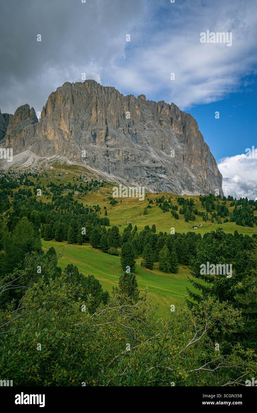 Dolomites vue sur la montagne Langkofel Group avec prairie herbeuse et falaises rocheuses sous les nuages de tempête créant des paysages alpins spectaculaires Banque D'Images