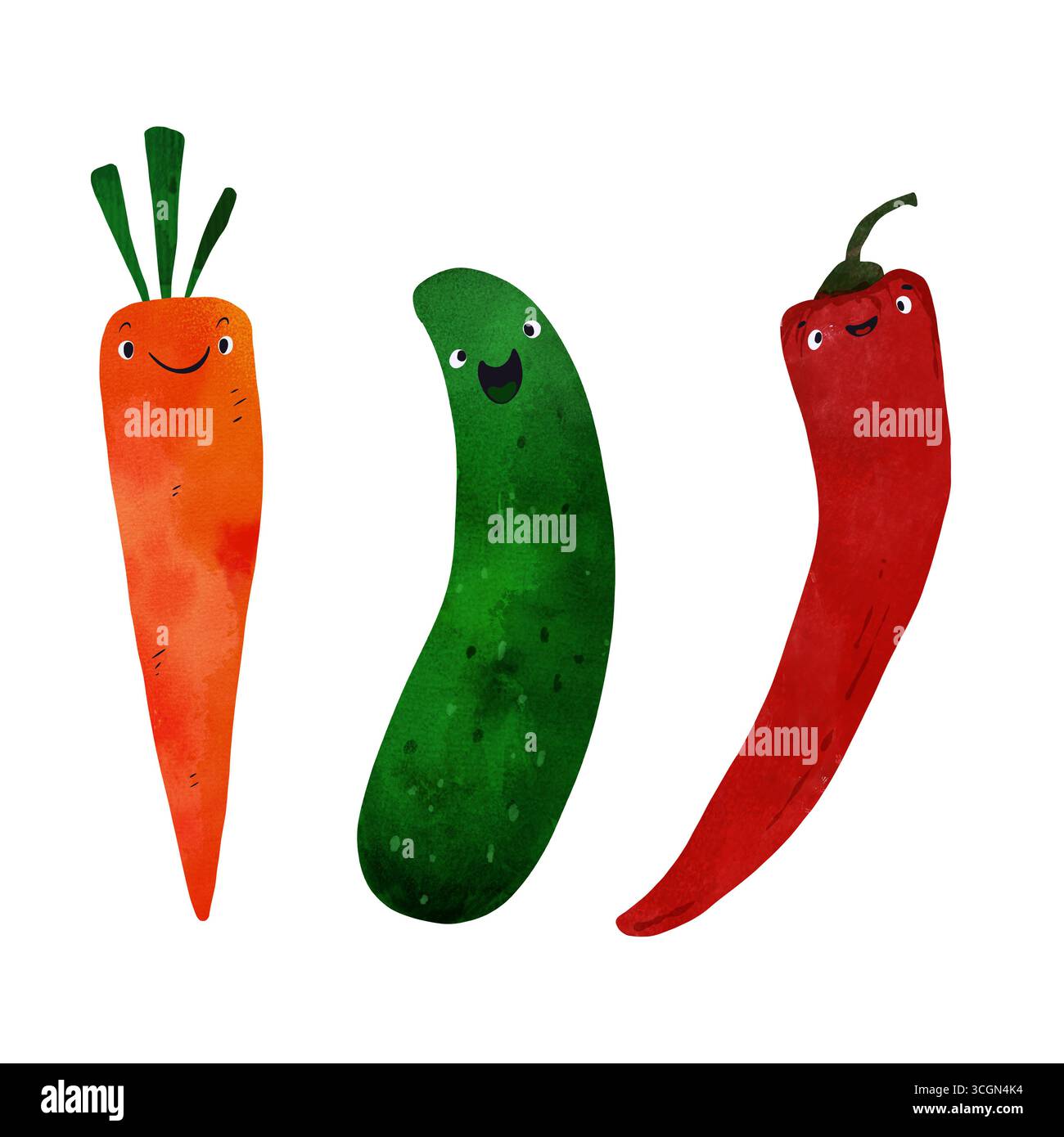 Ensemble d'illustration aquarelle de légumes heureux avec des visages mignons : carotte, concombre, poivre. Parfait pour les livres pour enfants, le matériel éducatif, la santé Banque D'Images