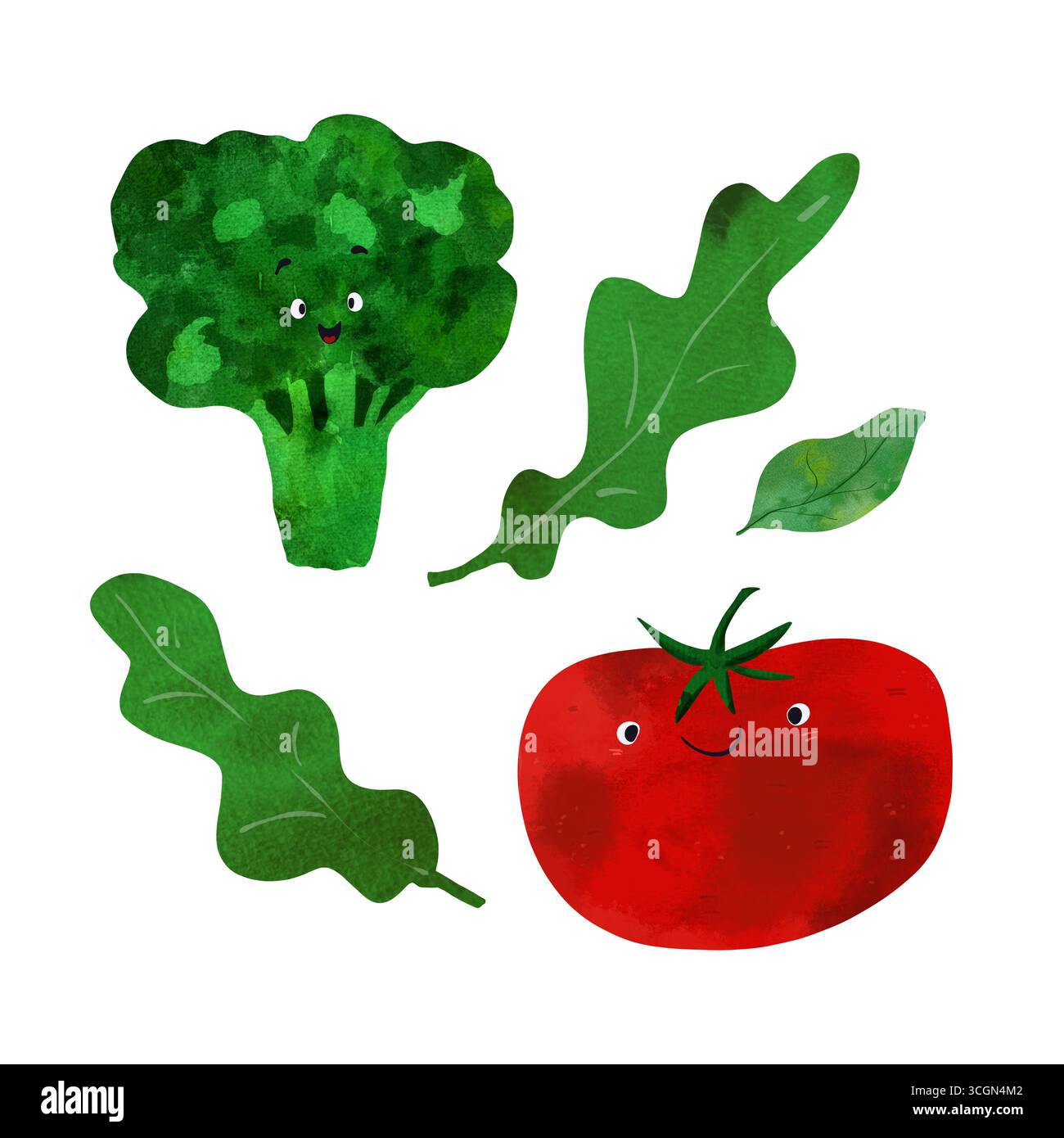 Ensemble d'illustration aquarelle de légumes heureux avec des visages mignons : brocoli, tomate, feuilles de salade. Parfait pour les livres pour enfants, le matériel éducatif, Banque D'Images