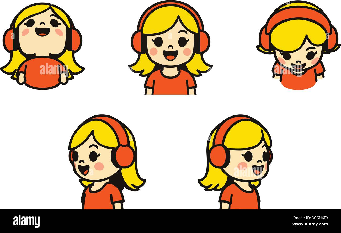 Une tête de personnage conviviale montre des expressions d'écoute joyeuses portant des écouteurs rouges vus devant et trois quarts d'angle. Illustration de Vecteur