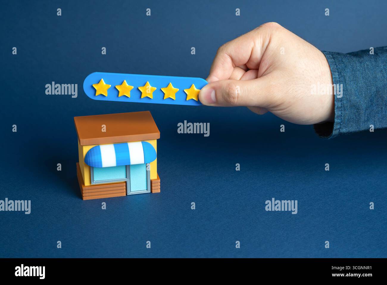 Laisser un avis 5 étoiles pour le magasin, la satisfaction du client, le système de commentaires, les évaluations en ligne, la reconnaissance du service de qualité, réputation numérique, consommateur Banque D'Images