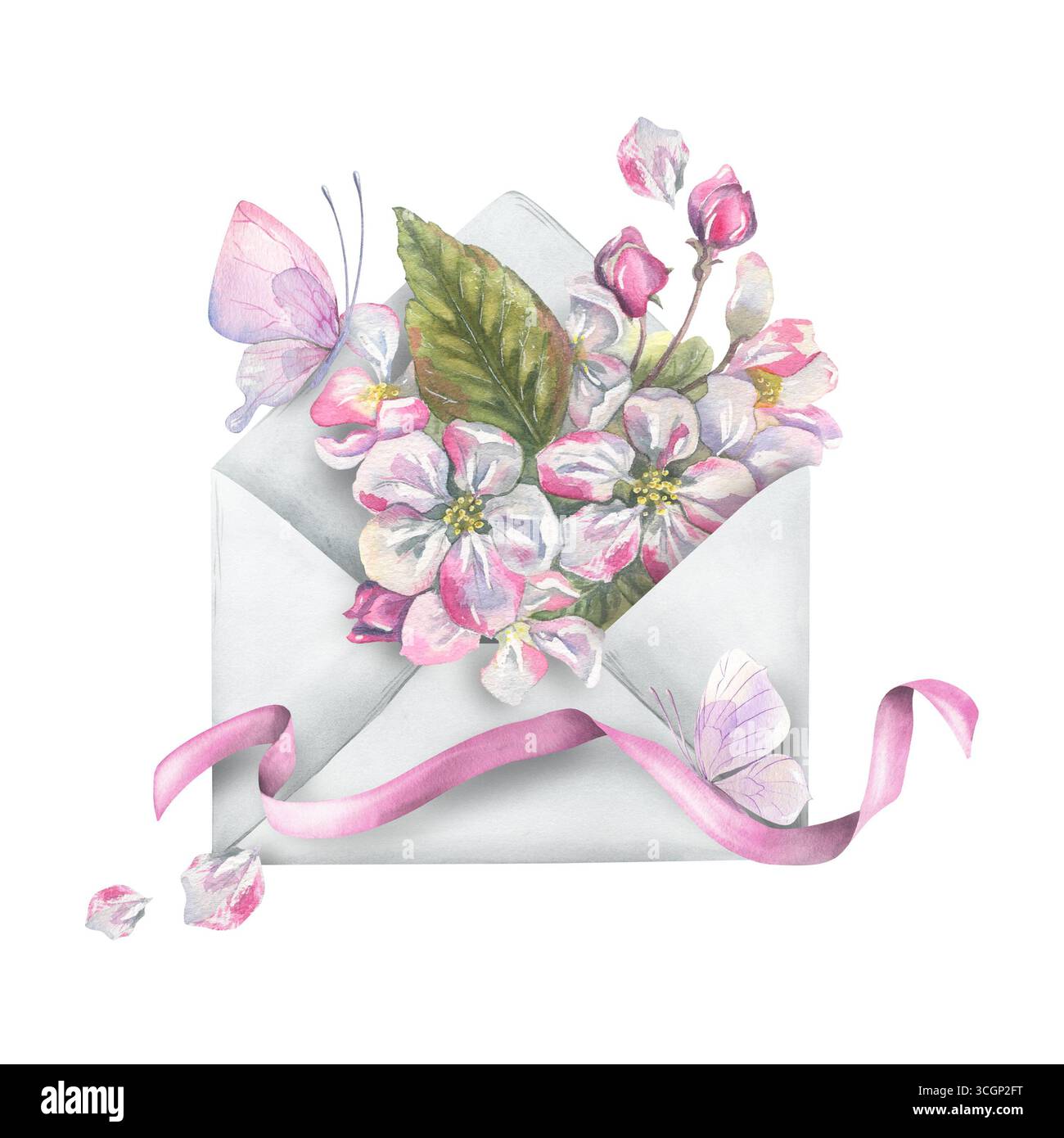 Composition avec fleurs de pomme en fleurs dans l'enveloppe et papillon rose, ruban, illustration délicate d'aquarelle peinte à la main, adapté pour le mariage Banque D'Images