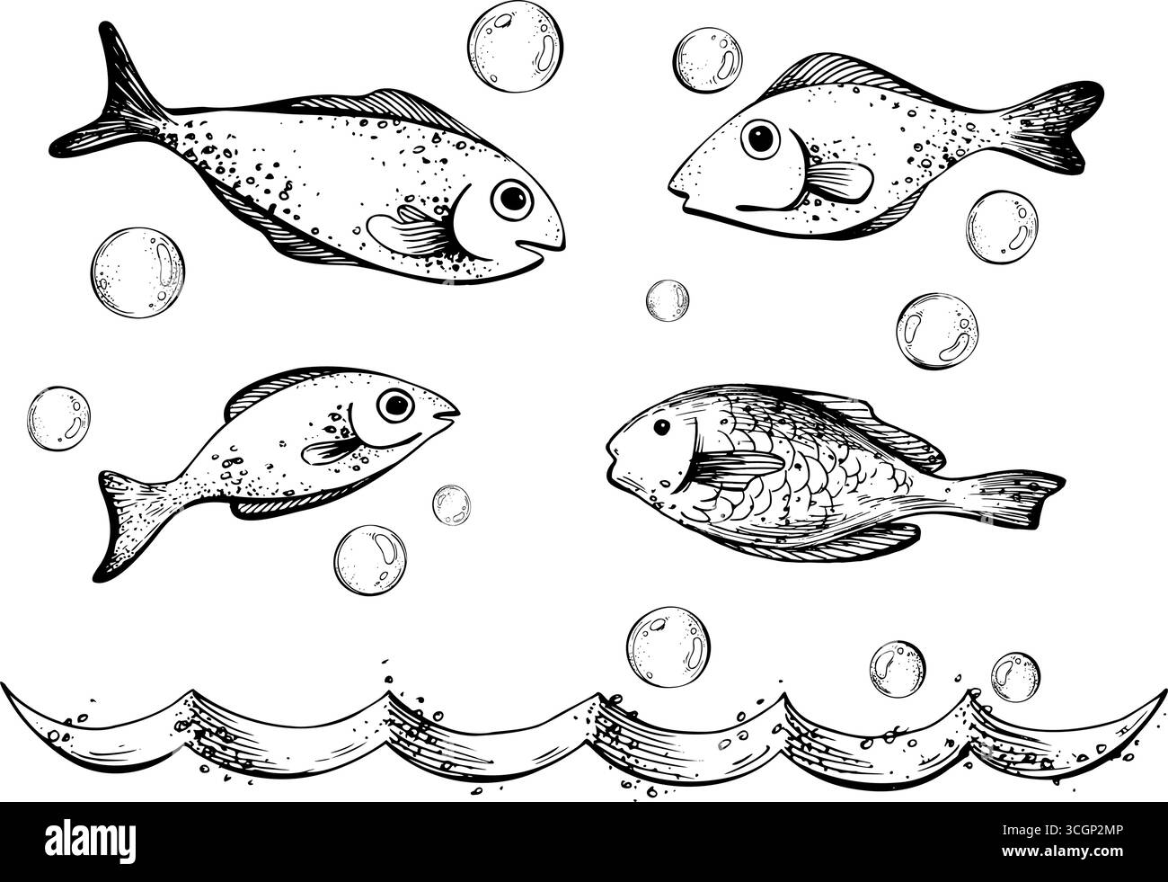 Illustration d'art de ligne dessinée à la main de poissons nageant avec des bulles et des vagues. Collection marine à encre noire, design nautique minimal simple parfait pour Illustration de Vecteur