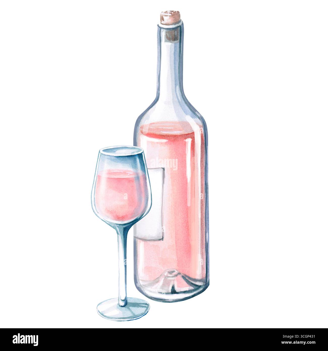 Bouteille partielle de vin rose et verre. Illustration aquarelle isolée pour la conception de menu de restaurant, fêtes d'été Banque D'Images