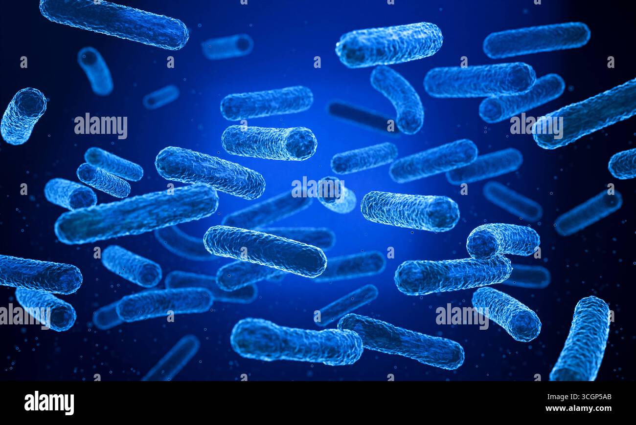 Bactéries fluorescentes bleues ou virus sous microscope. Bactéries fluorescentes bleues ou virus sous microscope. Pathogènes, infection bactérienne, représentation microscopique, microbiologie, maladie, contagieux. Modèle, illustration 3D science029s02_bactéries Banque D'Images