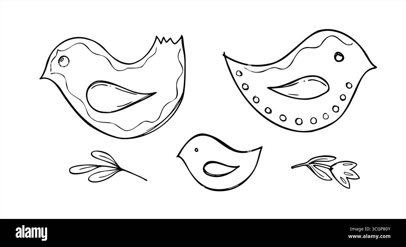 Oiseaux noirs et blancs scandinaves de Noël avec décoration vectorielle de fleurs. Doodle décoratif dessiné à la main éléments suédois Noël, design du nouvel an Illustration de Vecteur